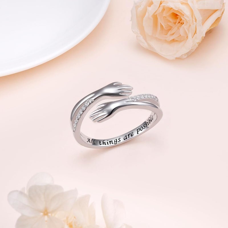 Yearace Hug Ring, S925 Sterling Silver Hug Rings for Women Girl, Hugging Hand Open Promise Ring, Mothers Day Valentine's Day Birthday Gifts - Image 2